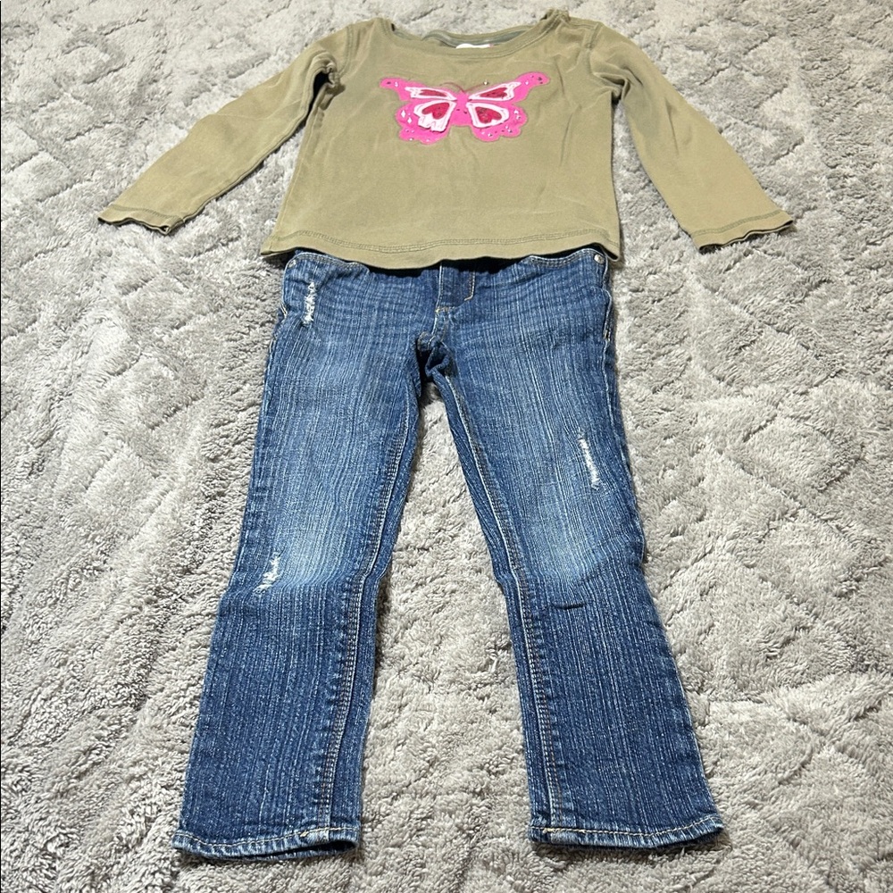 Levi's Girls Blue Jeans and Olive with Pink Butterfly Top